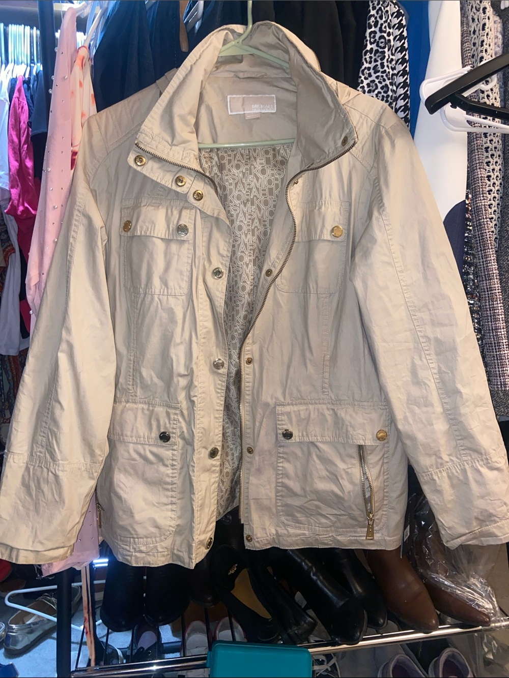 Michael Kors Beige Utility Jacket with Gold-Tone Hardware